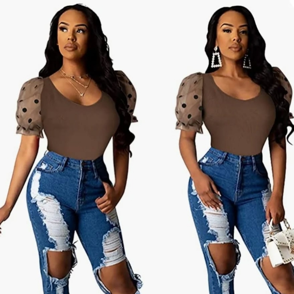 Elegant Brown Polka Dot Sleeve Top